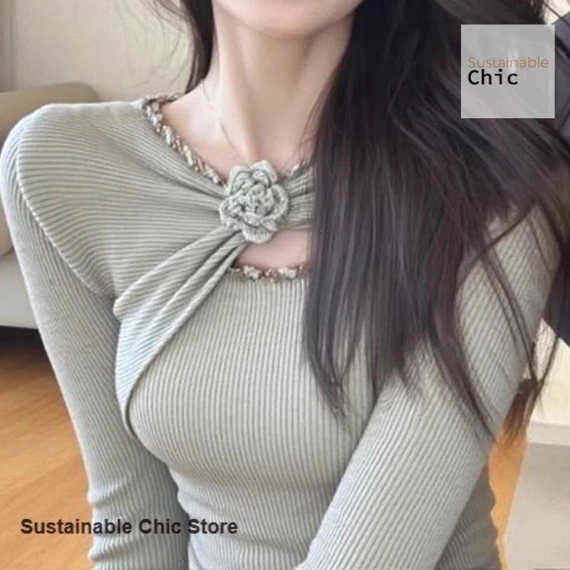 Korean irregular three-dimensional flower knitted bottoming shirt women's spring and autumn design hollow slim long-sleeved top