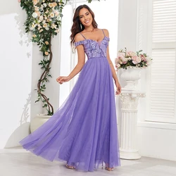 Women's Elegant Spaghetti Strap Sequin Tulle Long Evening Dress A-line Swing  Wedding Bridesmaid Dress