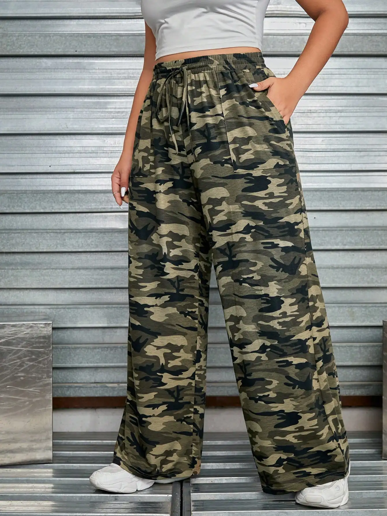 

Camo Print Drawstring Waist Wide Leg Pants For Women