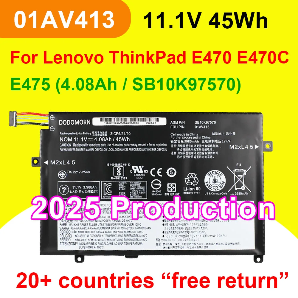 

01AV413 For Lenovo ThinkPad E470 E470C E475 Series Compatible with 01AV411 01AV412 SB10K97570 4080mAh 11.1V 45Wh Laptop Battery