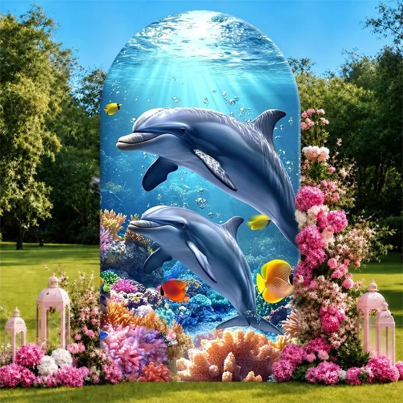 Single Side Arch Backdrop Cover Underwater Dolphin Paradise Background Cloth for Elegant Party Decor with Sunlit Ocean Scene