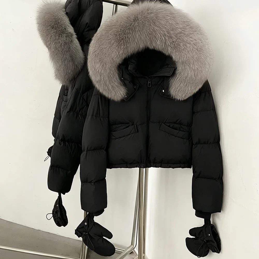 OFTBUY Neue Kapuzen-Daunenjacke, kurze Winterjacke mit echtem Fell, Pufferjacke mit abnehmbaren Handschuhen, Damen-Daunenjacke mit echtem Fuchsfell – Detail 16