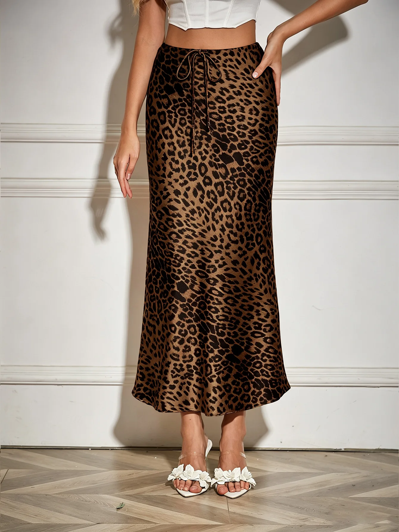New In 2026 Spring Summer Solid Color Satin Long Skirt For Women High Waist Lace-Up Fashion Elegant Faldas
