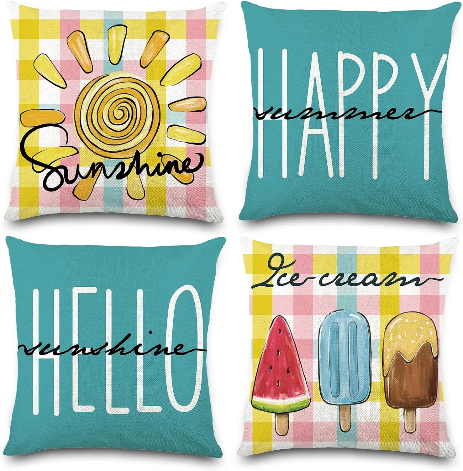 4 Piece Summer Sunshine Happy Throw Pillow Covers Set Boho Picnic Hello Decor Cushion Pillowcase Tropical Beach Polyester Home D
