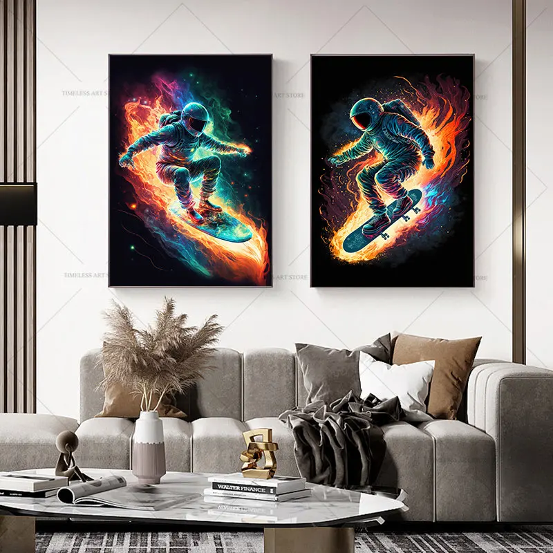 Ruang berwarna-warni astronot di Skateboard Surfing Poster kanvas lukisan dinding seni gambar untuk ruang tamu dekorasi rumah