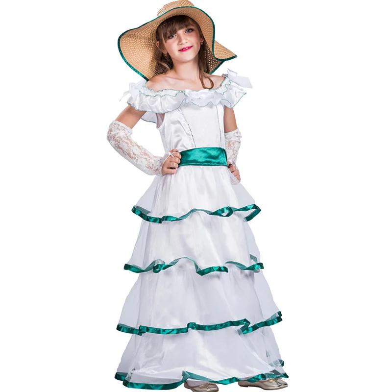 Halloween Outfit Southern girl Cosplay white dress for kid girl costume party Including hat and gloves