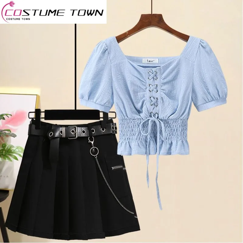 

2023 New Large Women's Summer Set Women's Drawstring Slim Shirt Top High Waist Pleated Skirt Two Piece Set Fashion