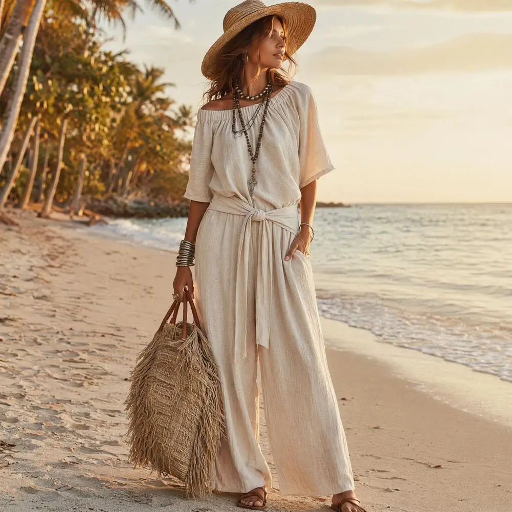 Women Jumpsuit Comfortable Jumpsuit Women’s Off Shoulder Jumpsuit with Tie Waist Short Sleeve Wide Leg Rompers Summer