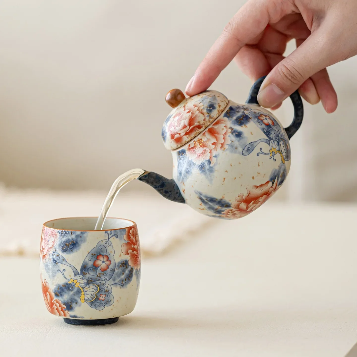 Caramel Glaze Butterfly Love Peony Ruyi Pot 1 Pot 2 Cups Travel Tea Set Outdoor Camping Will Carry Tea Party Tea Bag Express Cup