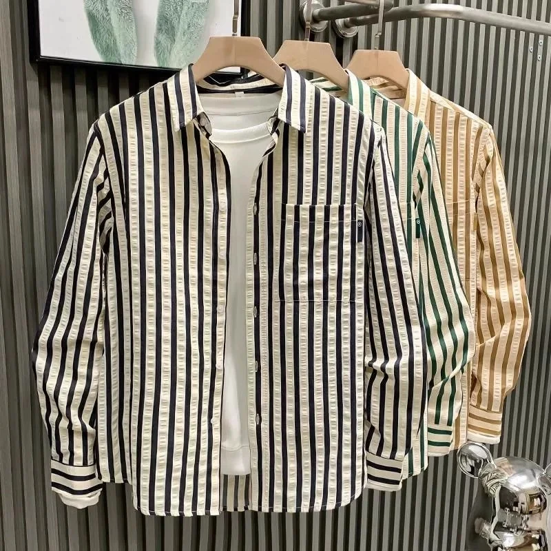 2026 New Men's Ice Silk Thin Breathable Long Sleeve Striped Casual Shirt Lightweight Summer High-End Feeling Regular Fit