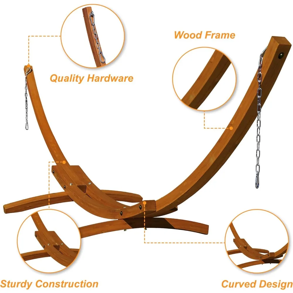 Hamacas de madera de arco para exteriores, soporte de hamaca de madera dura de pino ruso para 2 personas con mosquetones, capacidad de 450lb, 13 pies