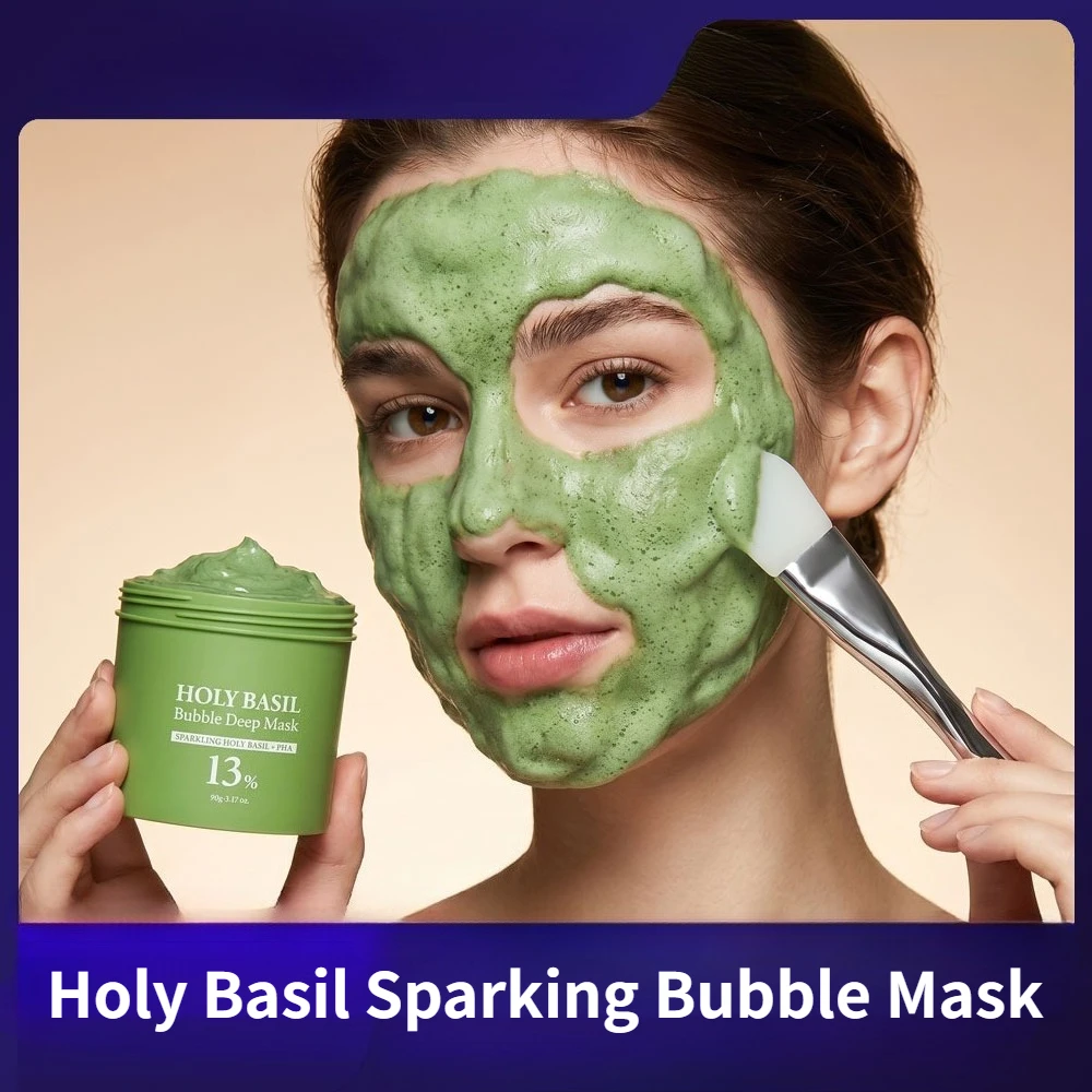 Holy Basil Sparking Bubble Mask 100g – Self-Foaming Pore Cleanser Refreshing , Deeply Hydrating & Smoothing Facial Mud Mask