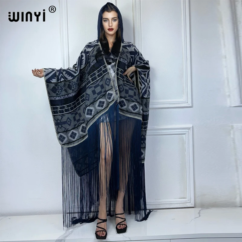 WINYI Africa Winter cardigan party dress Female cloak outfits for women coat Open Front cape Geometric print tassel poncho