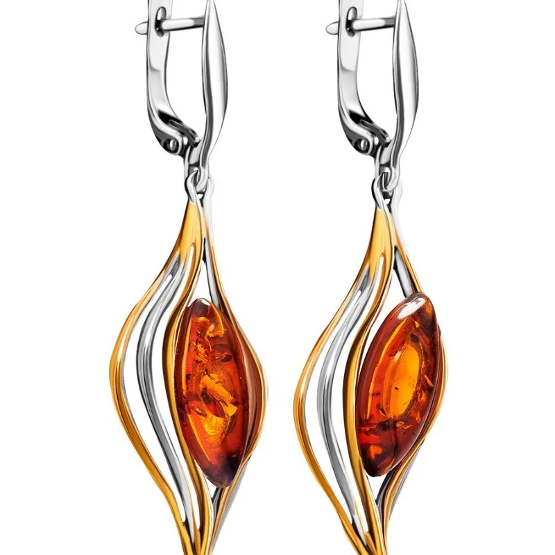 Retro literary earrings, independent station new simple amber flower champagne painting oil earrings