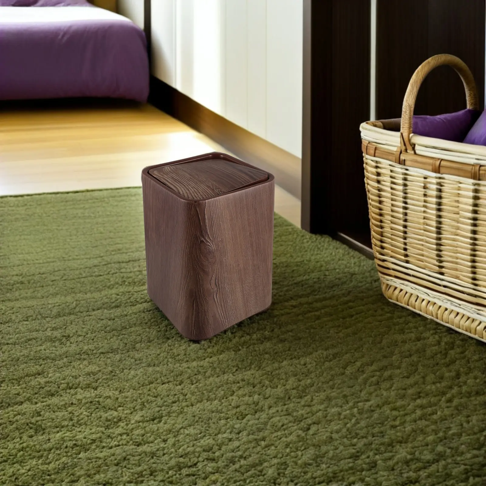 Bathroom Bin Imitation Wood Trash Can Rectangle Brown Swing Top Lid Universal Diaper Waste Basket Office Bedroom