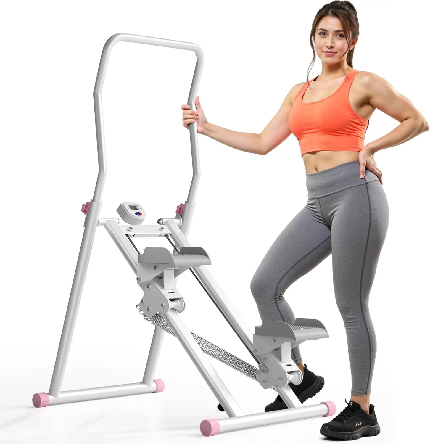Máquina escaladora vertical plegable ajustable con resistencia paso a paso de escalera MOMODA para gimnasio en casa, entrenamiento de cuerpo completo (rosa/blanco)