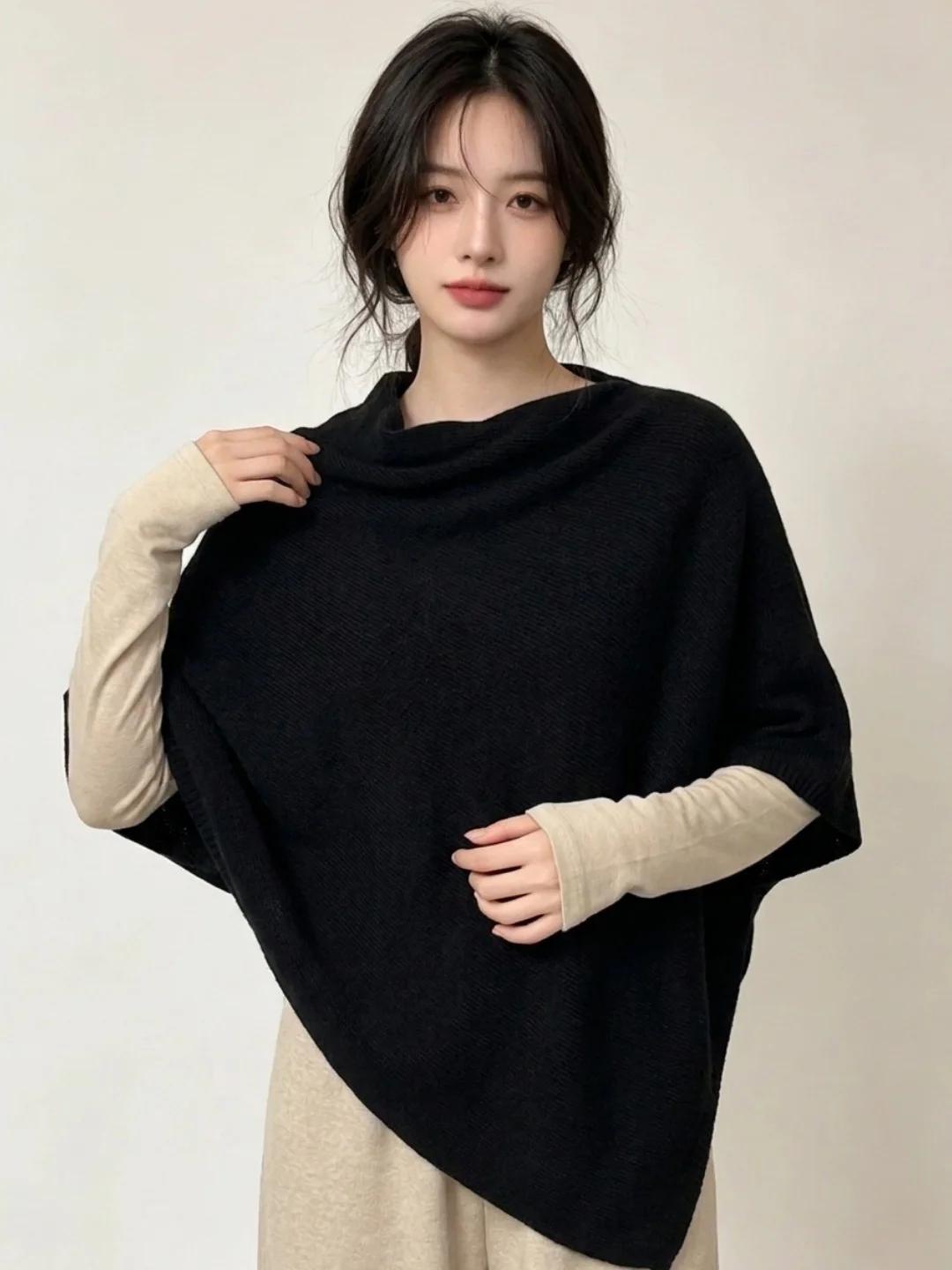 Elegant Black Knitted Shawl Women's Outerwear Autumn Winter New Style Irregular Unique Layering Scarf Top Holys Brand