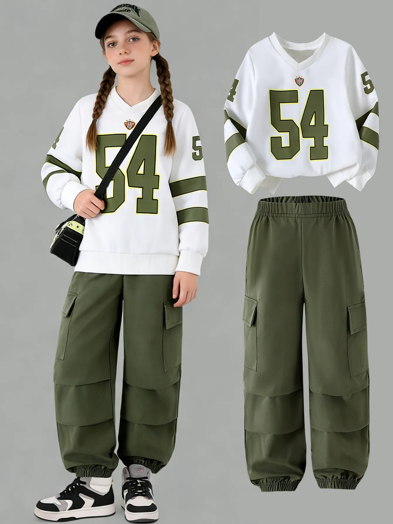 Kids Girls 2 Piece "54" Number Print V Neck Sweatshirt & Army Green Cargo Jogger Pants Set Casual Streetwear Outfit