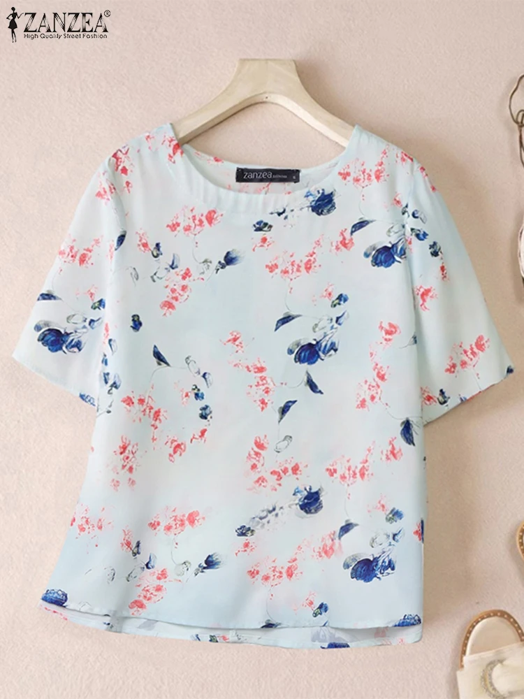 

ZANZEA Women Summer Blouses Floral Printed Casual Holiday Tops 2025 Fashion Bohemian Shirts Short Sleeve Round Neck Loose Tees