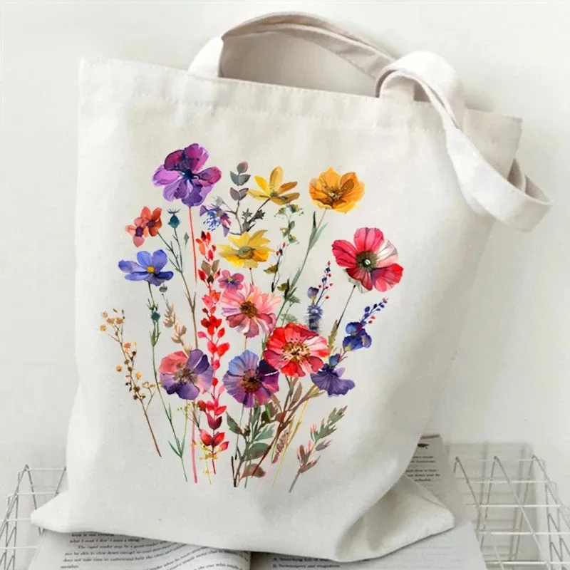 Womens Tote Bag Vibrant Wildflowers Bouquet Printed Slender Herbal Stems Double Shoulder Straps Warm Ivory Background for Travel
