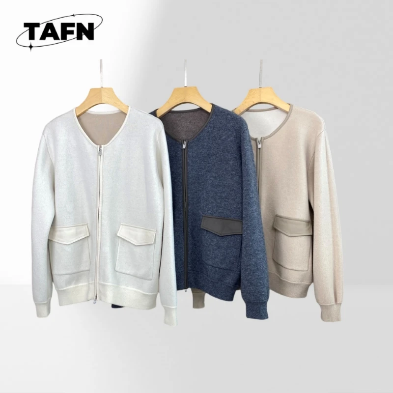 Cashmere Women V‑Neck Zip‑Up Knit Jacket Long Sleeve Contrast Patch Pockets Knitted Cardigan Casual Loose  BH1623