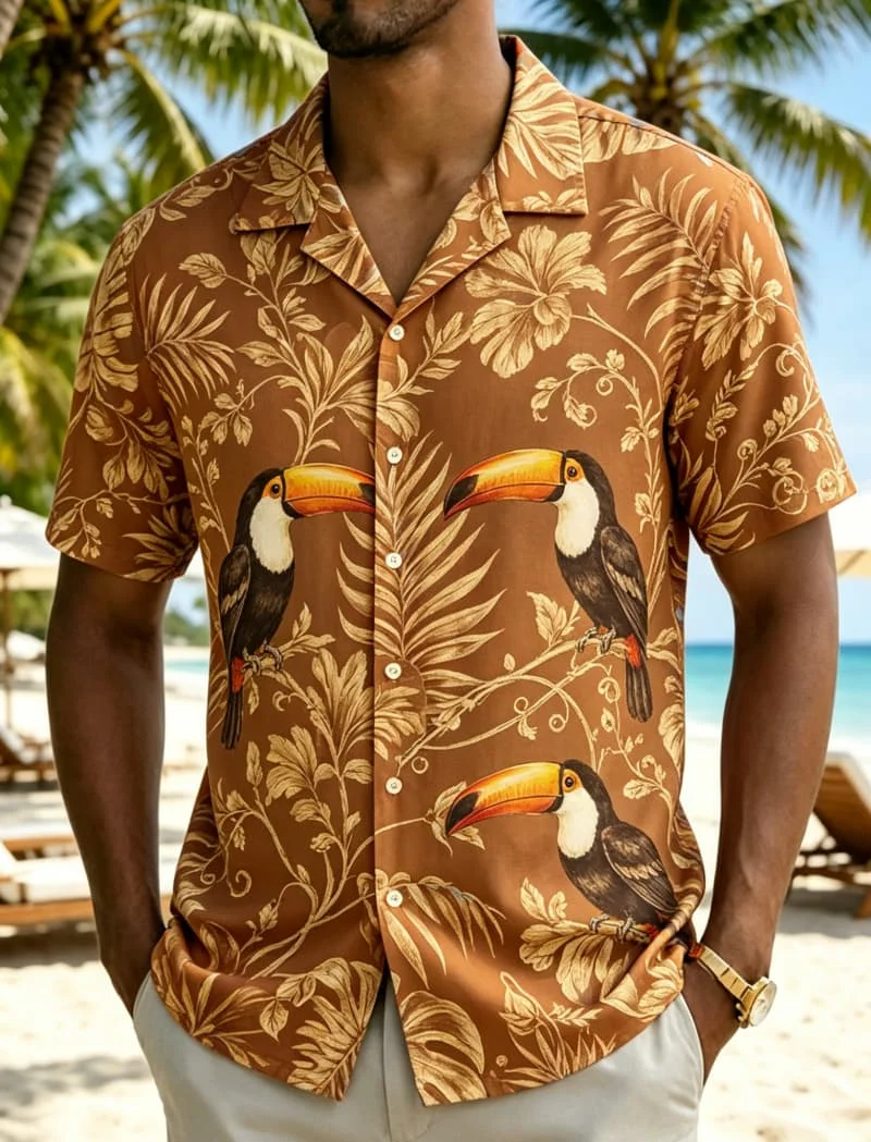 

Men's tropical plant animal style Hawaiian shirt, for summer adventures, poolside, daily wear, and short vacations