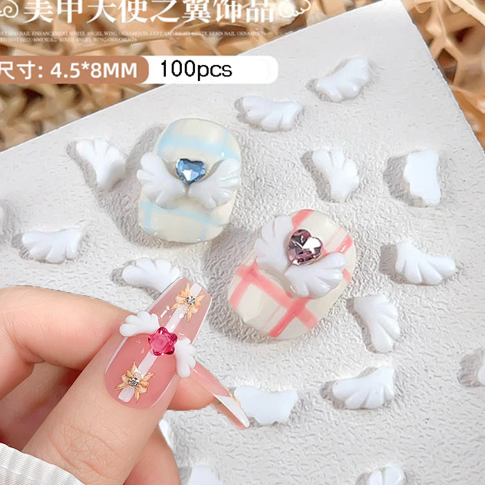 100Pcs White Angel's Wing Nail Art Decoration 3D Resin Wing Design Nail Charms  DIY Acrylic Right+Left Wing Manicure Supplies