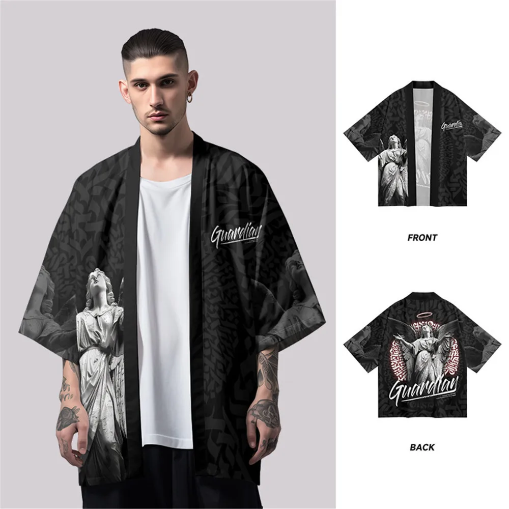 

Print Black Kimono Loose Japanese Streetwear Cardigan Women Men Harajuku Haori Cosplay Top Shirts Yukata