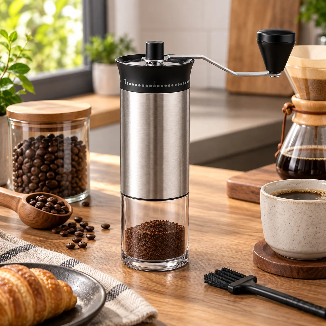 Manuelle Edelstahl-Kaffeemühle, 56 Mahlgradeinstellungen, Keramikmahlwerk, 30g Bohnenbehälter für Espresso, Moka, Pour Over & French Press