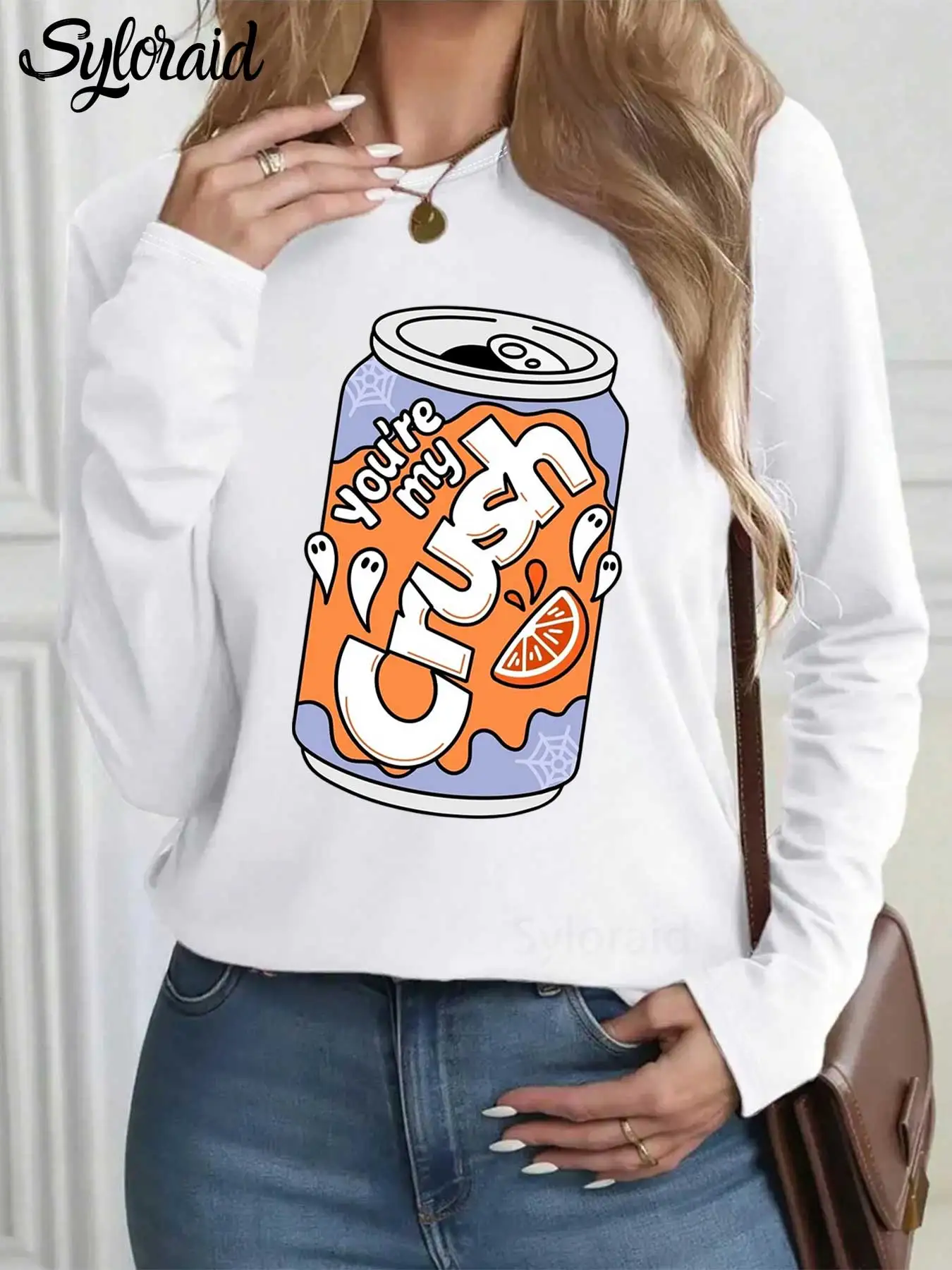 تي شيرت نسائي طويل الأكمام You're My Crush Soda Can تي شيرت لطيف للهالوين شبح قميص موضة رقبة مستديرة كاجوال