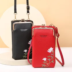 Ladies Embroidered Leather Diagonal Cross Shoulder Small Bag,Women's Mobile Phone Bag, Girl Lychee Patterned Fashionable Wallet