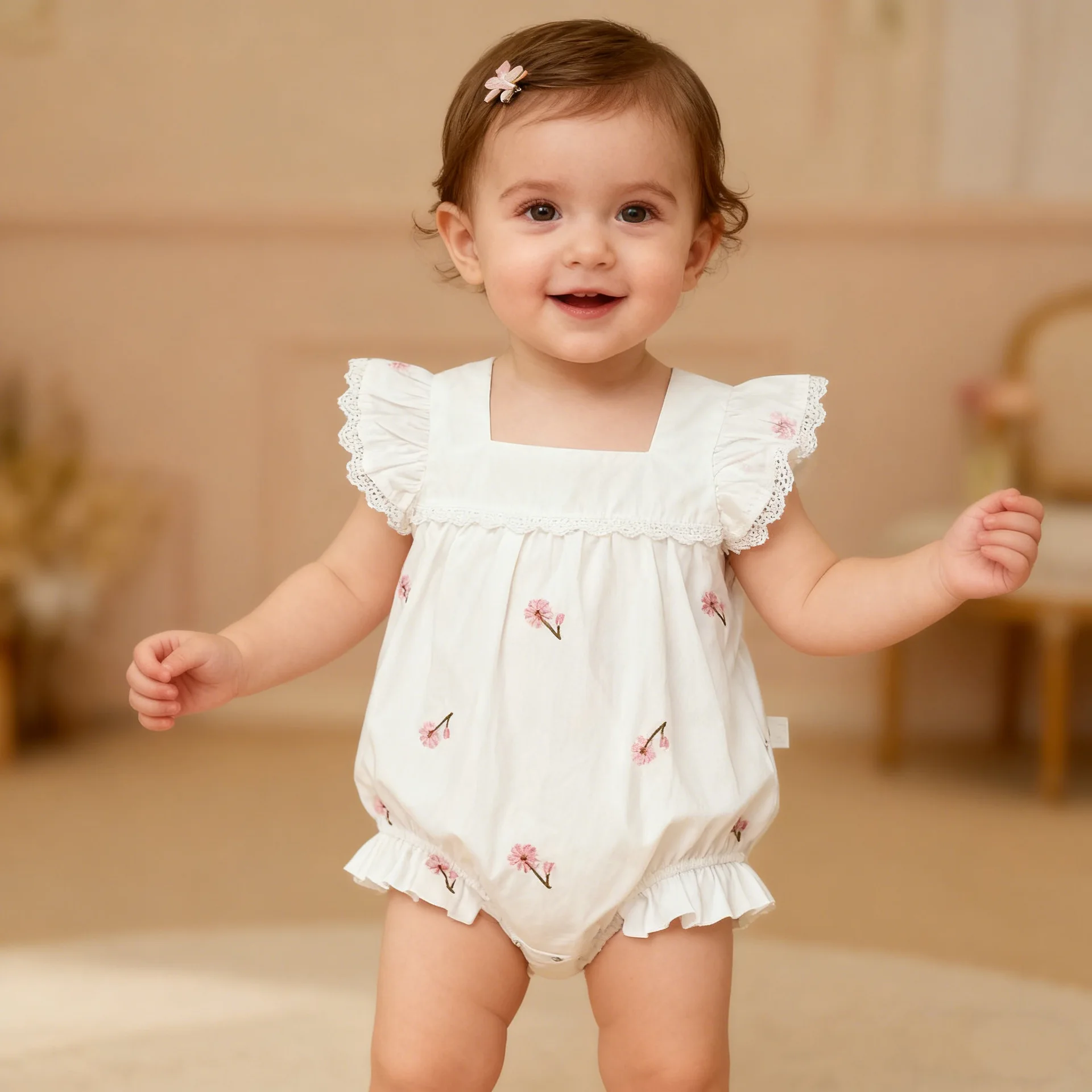 

Girls Onesie 2026 Spring and Summer New Childrens Clothing Korean Style Girl Baby Lace Square Collar Embroidered Onesie