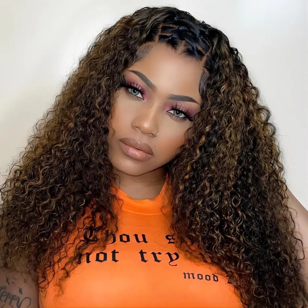 

5x5 Lace Front Wigs Human Hair Deep Wave 1B/30 Black with Brown Ombre Curly Wig 200% Density Pre Plucked With Baby Hair 28Inch