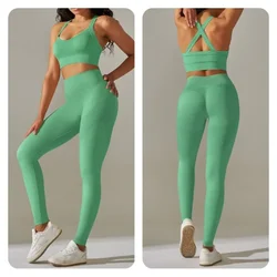 European and American Solid Color Seamless Knitted Cross Back Tight Yoga Suit Set for Sports Running and Fitness Cropped Pants