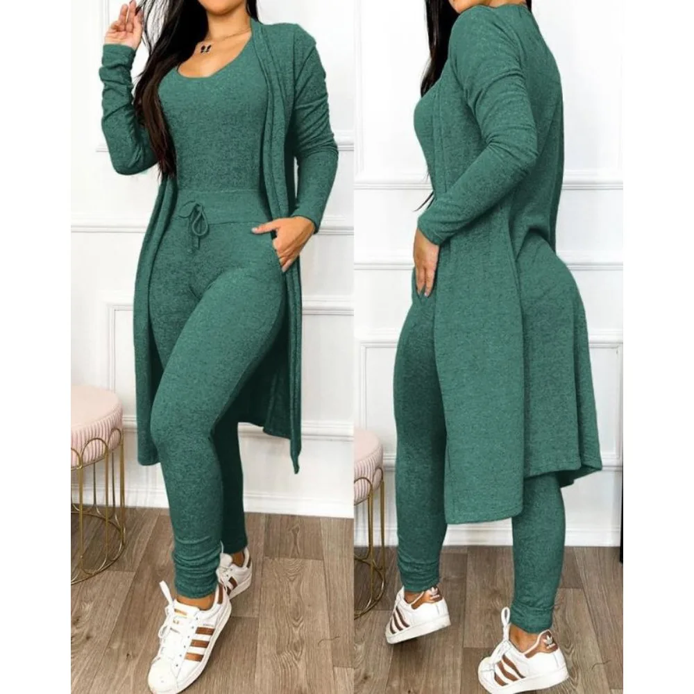 

Two Piece Set Women Outfit 2024 Spring Fashion Drawstring Pocket Design U-Neck Sleeveless Skinny Jumpsuit & Long Sleeve Coat Set