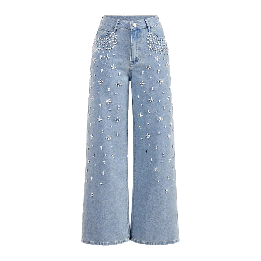 Trendy Pearl Straight Jeans Women Embellished Wide Leg Pants Loose Beaded Denim Trousers Rhinestone Rivet Diamonds Streetwear