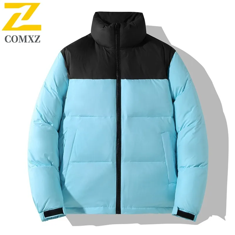 COMXZ 2025 Winter New Trend Unisex Color Block Crack Print Gradient Down Jacket Hooded Thermal waterproof windproof outdoor Coat