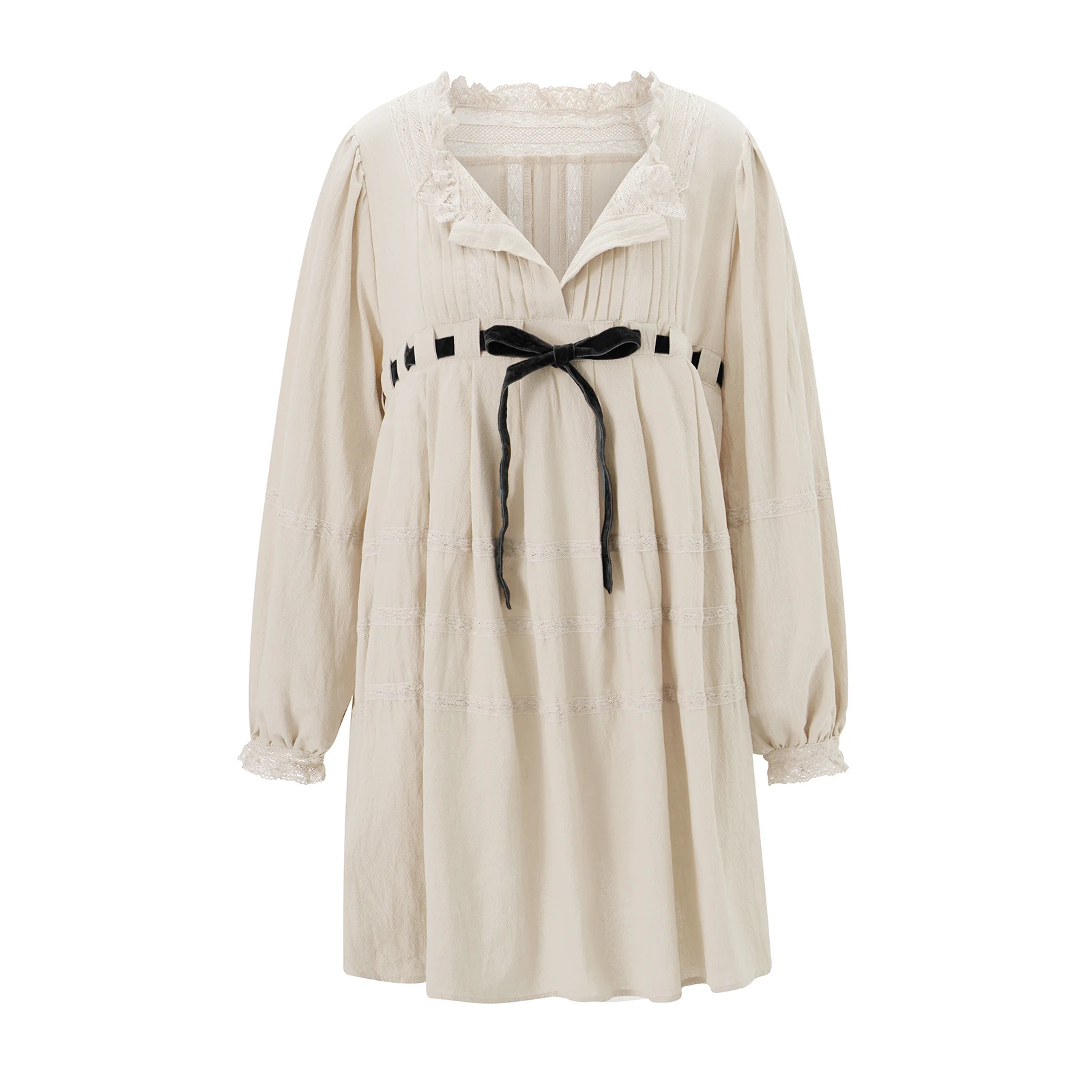 المرأة ريترو ربطة القوس فيونكة فستان بيبي دول صغير ربيع الخريف لطيف التطريز الأزهار تي شيرت فستان Y2k كم طويل قصير فستان الشمس Flowy