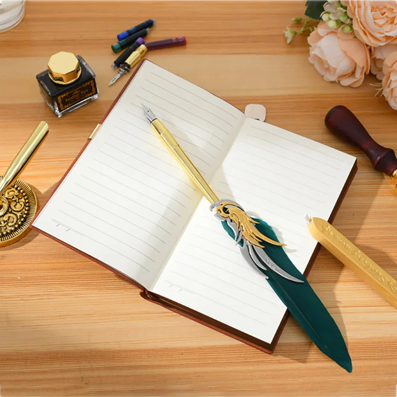 Feather Pen And Ink Set Antique Feather Pen For Writing Quill Pen Set,With Extraction Tube Pen Notebook Fire Paint Seal For Gift