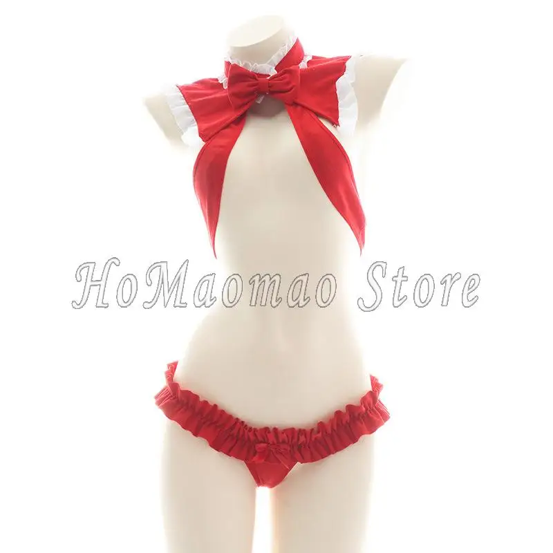 Santa Sexy Costume Christmas Lingerie Set Cute Hollow Out Bikini Bowknot Ruffle Halter Neck Bra Rabbit Tail Briefs Cosplay Set