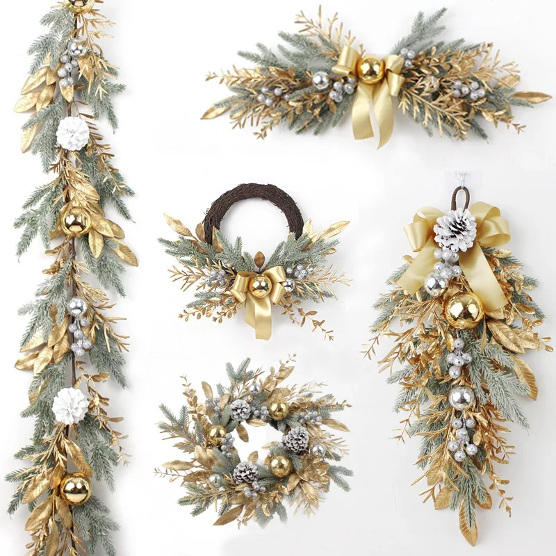 Golden Christmas Wreath Rattan Door Half Tree Christmas Decorations Pine Cones Decorative Wall Hanging Door Decoration