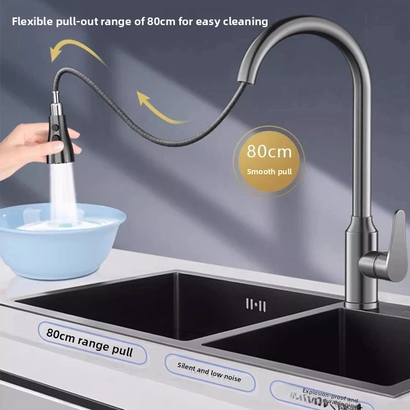 

Выдвижной кухонный смеситель для раковины и мойки, бытовой, для горячей и холодной воды, два в одном, с функцией повышения давления, защита от брызг, поворотный.