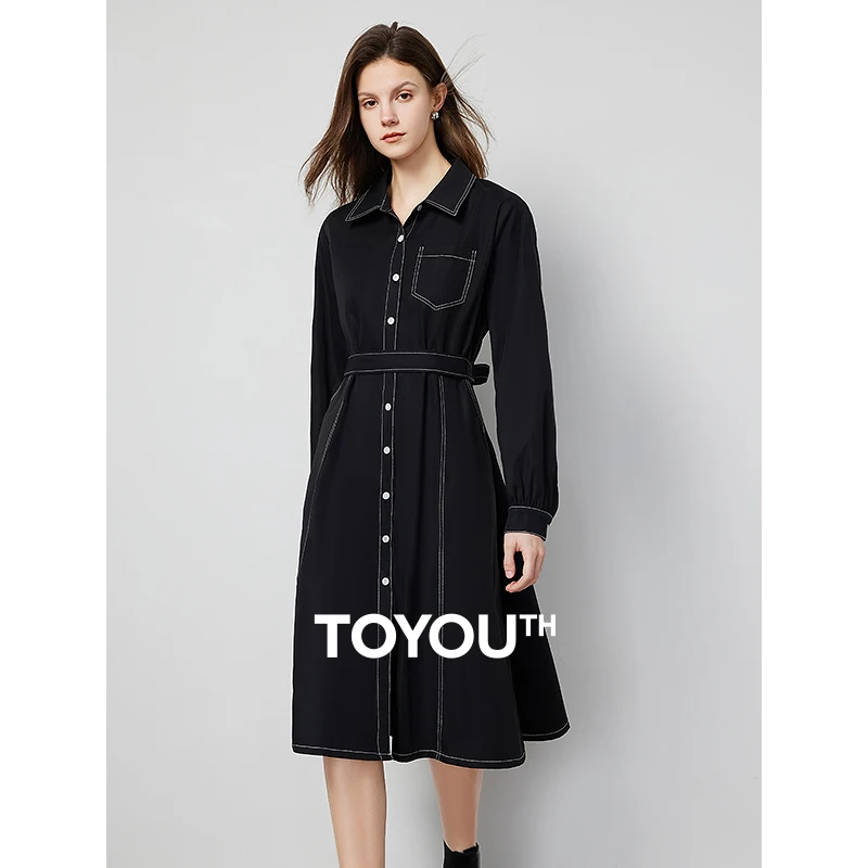 

TOYOUTH Dressed Women's Spring 2024 New Vintage Solid Color Bright Line Long sleeved Shirt Dress