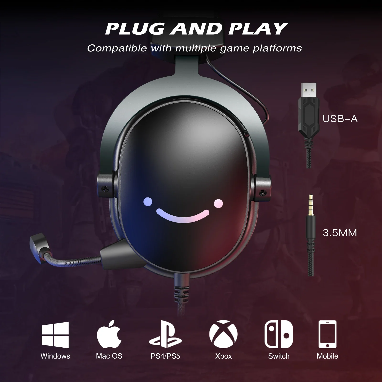 Headphone with Mute Switch, 3.5mm Jack and USB, 7.1 Surround Sound, Volume Control, Mute, PC, Mac, PS4, PS5, Mixer-H9