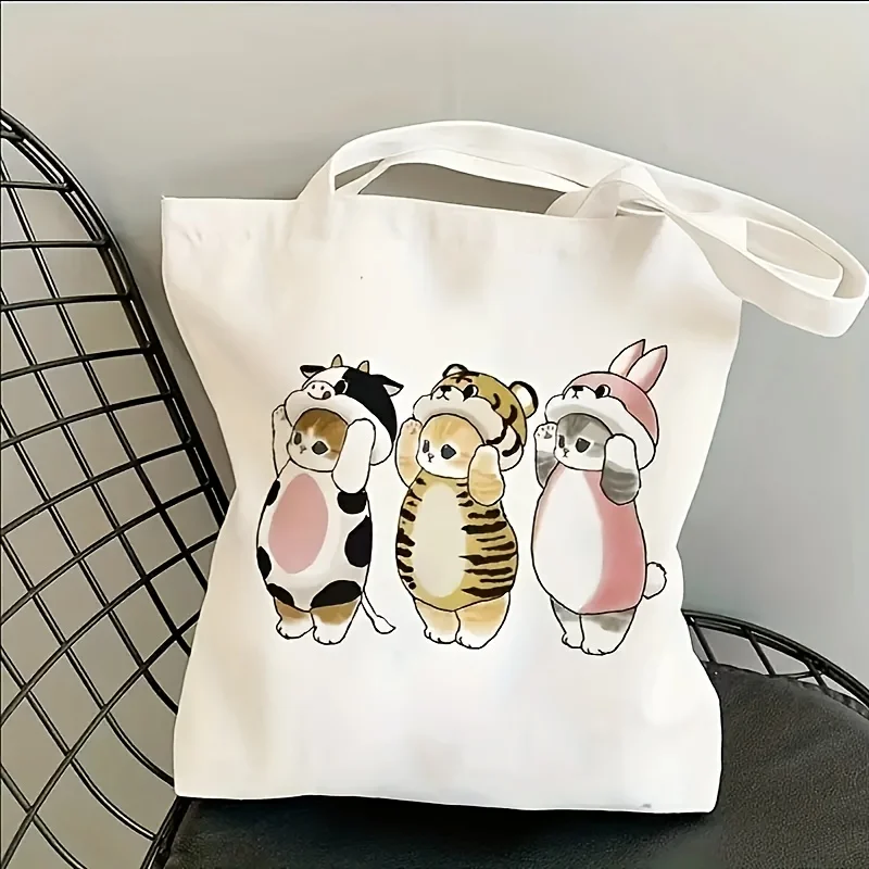 Cute Cat Print Canvas Bag Funny Food Lover Design Durable Reusable Tote for Work School and Everyday Carry Bag for Women