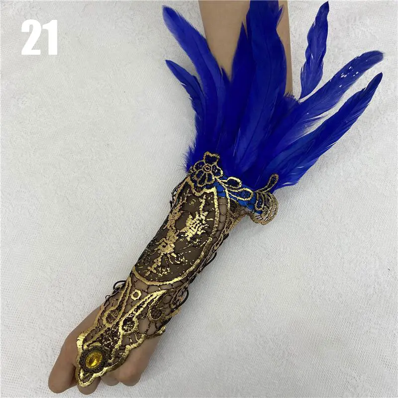 2pcs Gothic Feather Gold Lace Long Gloves Women Lace-up Bracelet Party Perform Sexy Y2k Fingerless Gloves Halloween Accessories