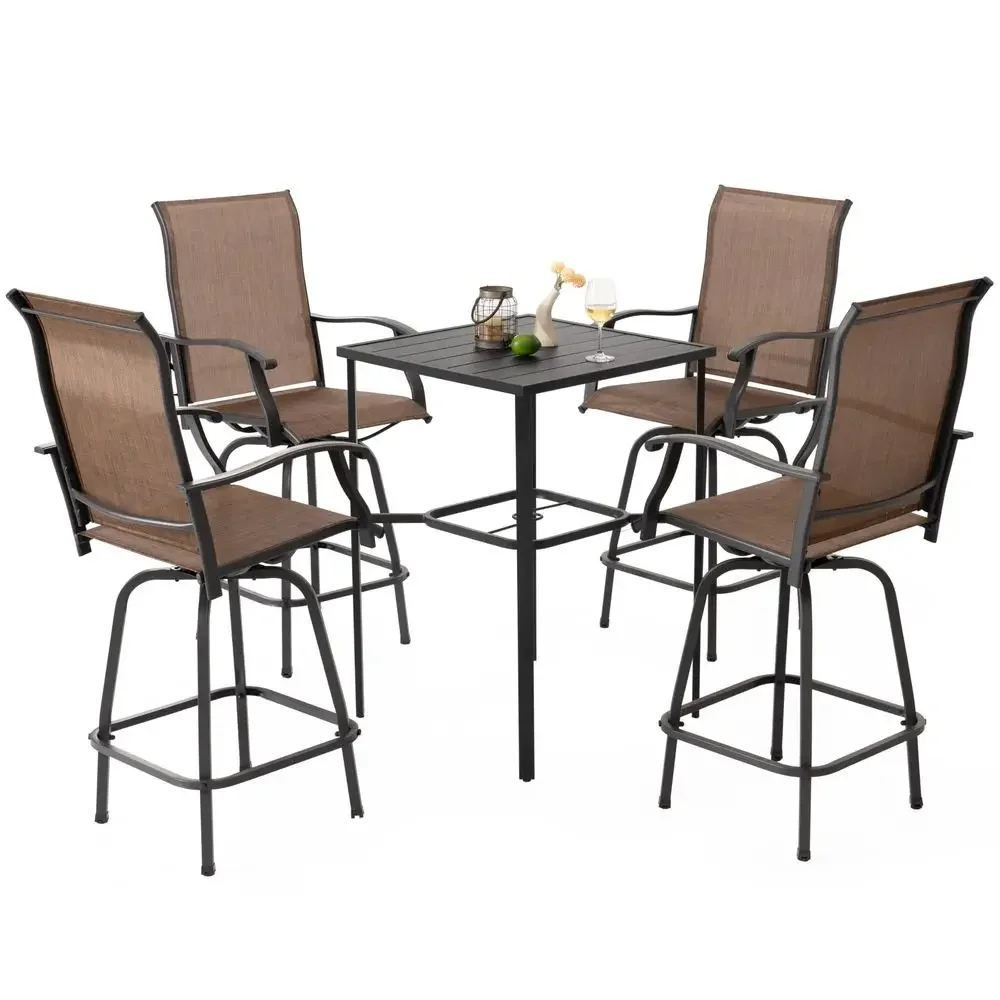 

5 Piece Outdoor Swivel Bar Set, All Weather Patio High Bar Stool Bistro Set with Textilene Height Back Bar Chairs and Slatted M