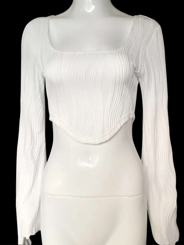 Langarm Frauen Strukturierte Crop Tops Mode Scoop Neck Hanky Saum Einfarbig Kurze Slim Fit T-Shirt Weibliche Streetwear