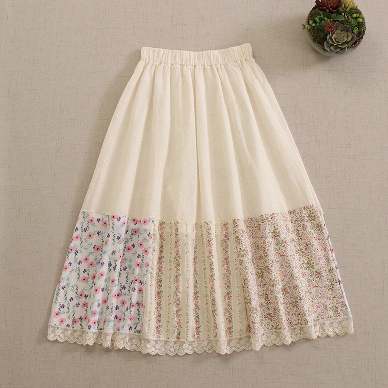 Japan Style Sweet Mori Girl Lace Floral Print Embroidery Patchwork Skirt Women Spring Summer Elastic Waist Casual A-Line Skirts