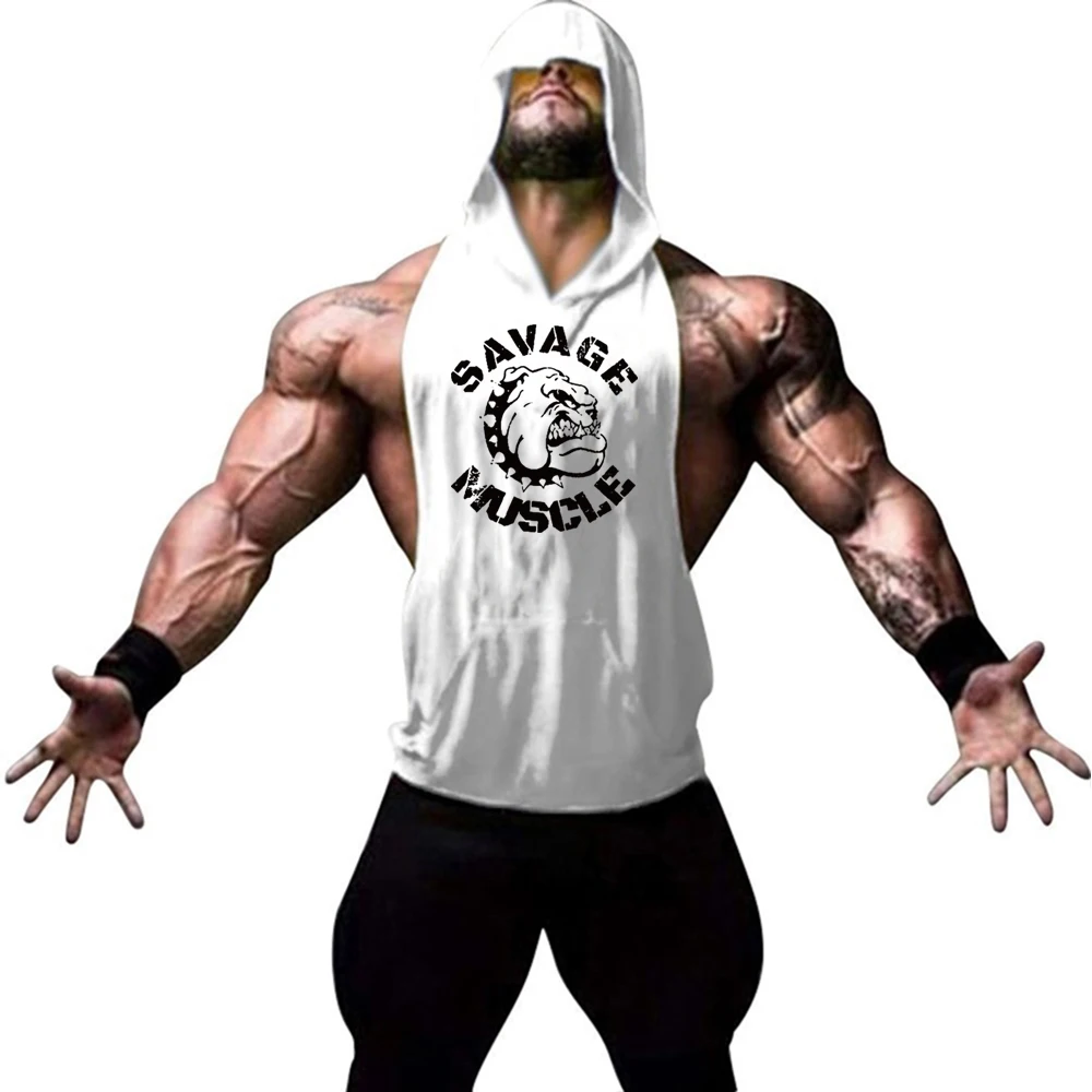 

Brand Gym Muscle Savage Mens Bodybuilding Hooded Tank Top Cotton Sleeveless Vest Fitness Sweatshirt Workout Sportswear Tops Male